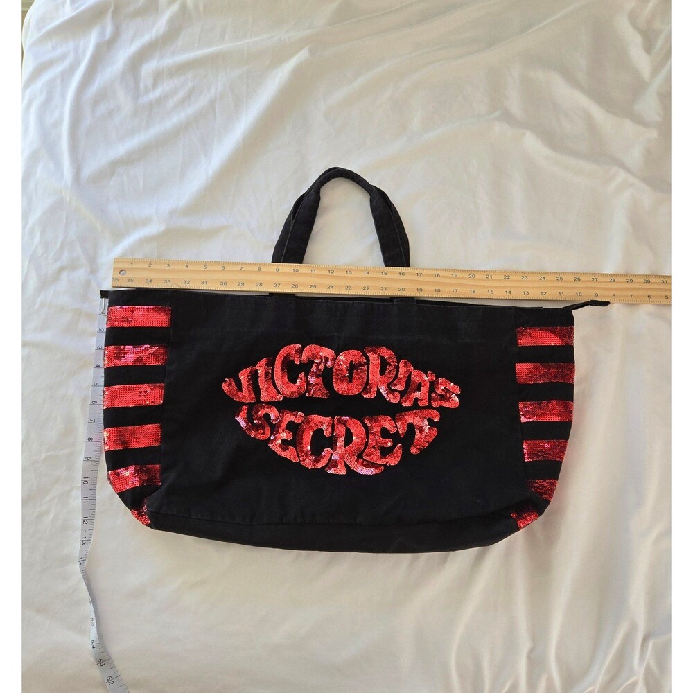 Victorias Secret Tote Bag 2000's Y2K Size XL Black Canvas Red Sequin Lip Design - Picture 6 of 9